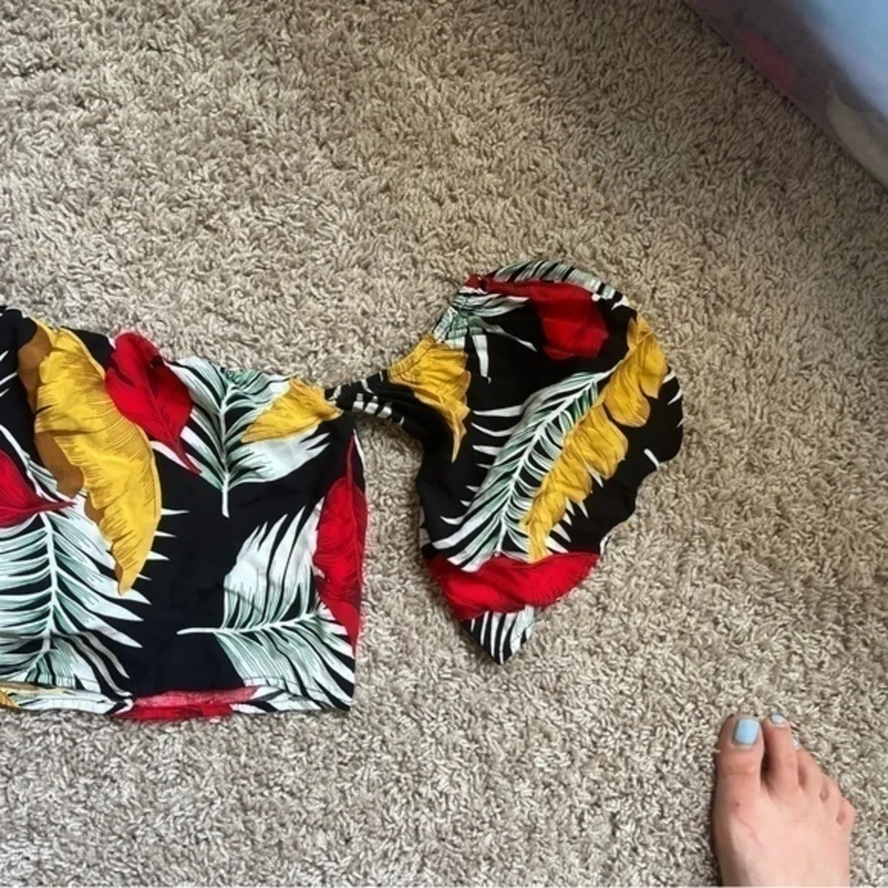 Blue B Tropical Palm Print Bandeau Crop Top & Wide Leg Palazzo Pants Set Medium